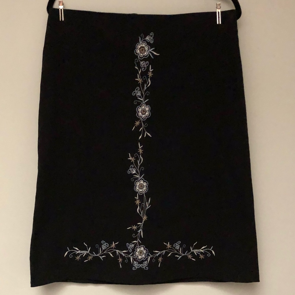 Symmetry Black Pencil Skirt with Blue Embroidery
